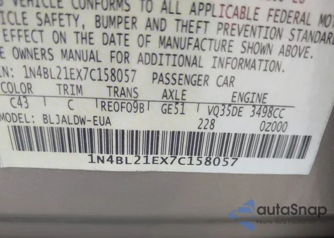 2007 Nissan Altima 3.5 Se z USA, uszkodzony, nr VIN 1N4BL21EX7C158057